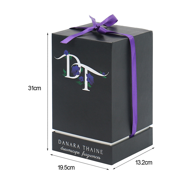 Printed Luxury Black Fragrance Packaging Rigid Cardboard Lid And Base Perfume Gift Box With Ribbon