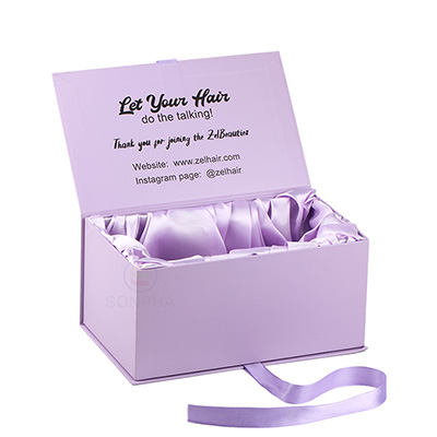 Custom Printed Purple Hair Extension Packaging Cardboard Magnet Gift Boxes With Ribbon